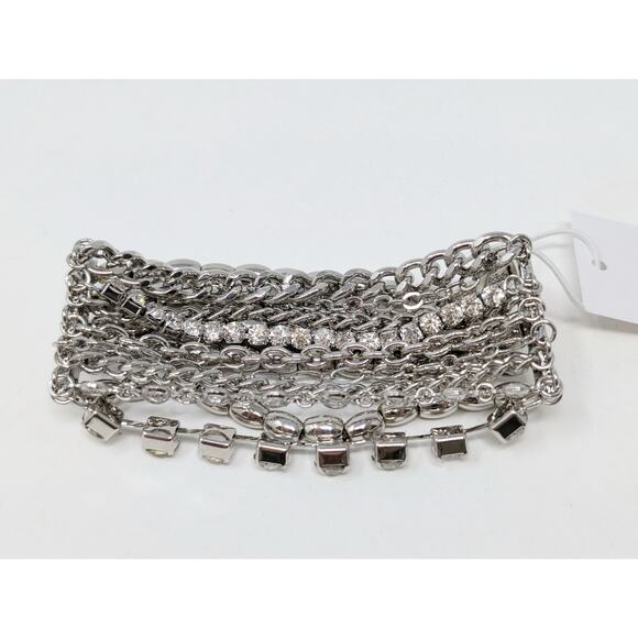 Chico's Bracelet Silver-Tone Rhinestone Multi-Strand Layered Chain Stretch New - Picture 2 of 6